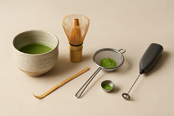 茶筅・茶碗・茶杓・ふるいと代用品を並べた抹茶道具の静物