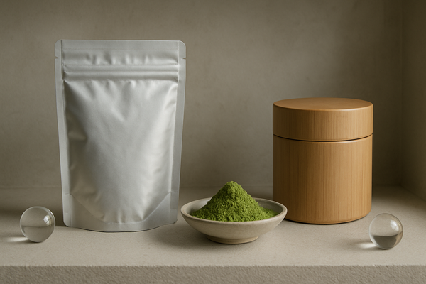窒素充填と遮光・密封による抹茶保存を表す静物
