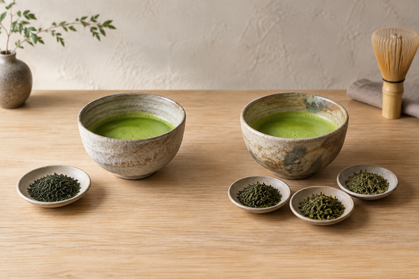 単一ロットの抹茶とブレンド抹茶を二つの茶碗で比較する静物