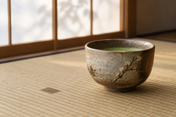 正面を避けて少し回した抹茶茶碗を畳の上に置いた静物