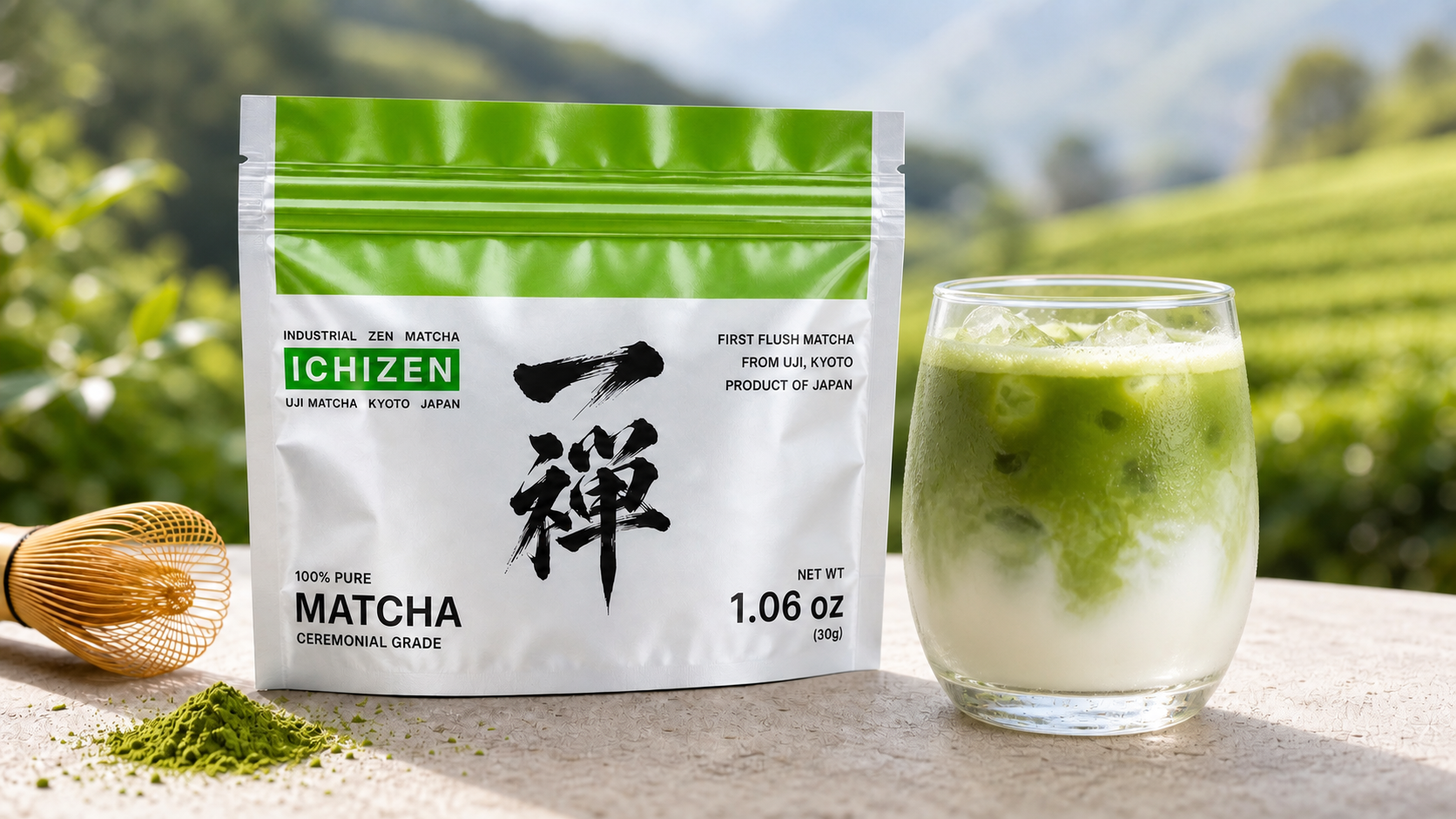 ICHIZEN Uji matcha with an iced matcha latte