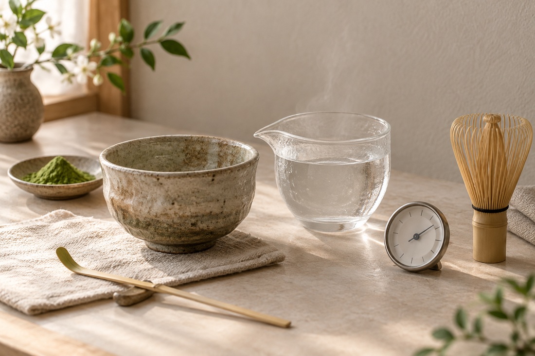 温度計と湯冷ましを添えた80度前後の抹茶準備の静物