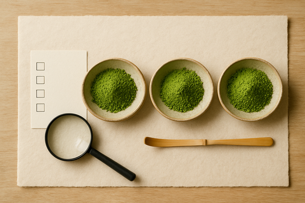 セレモニアルグレード抹茶を比較するための茶器と抹茶の静物