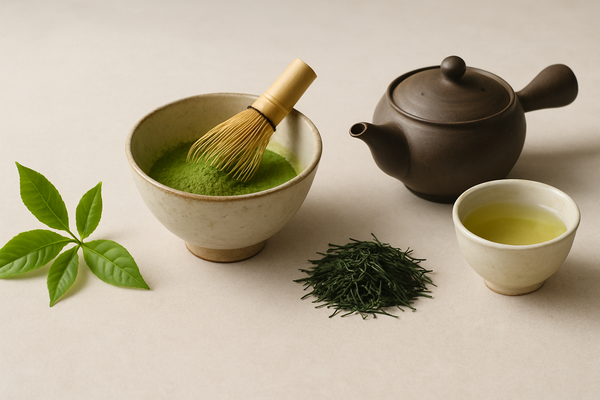 抹茶・緑茶・煎茶・玉露の形状と茶器を比較した静物