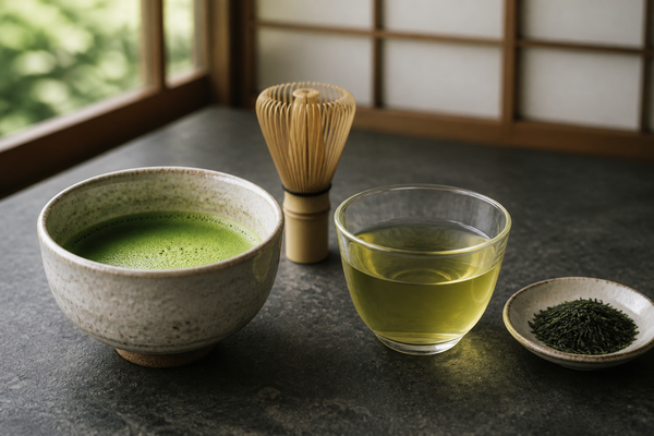 抹茶と煎茶の違いを表した茶碗とグラス