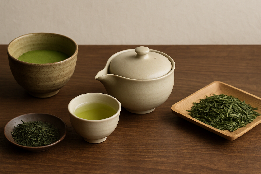 玉露の茶葉と抹茶・煎茶を比較した茶器の静物