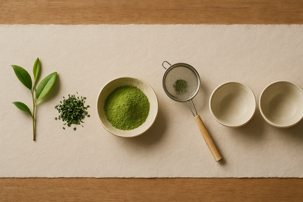 高級抹茶の工程と品質評価を表す茶葉・碾茶・抹茶の静物