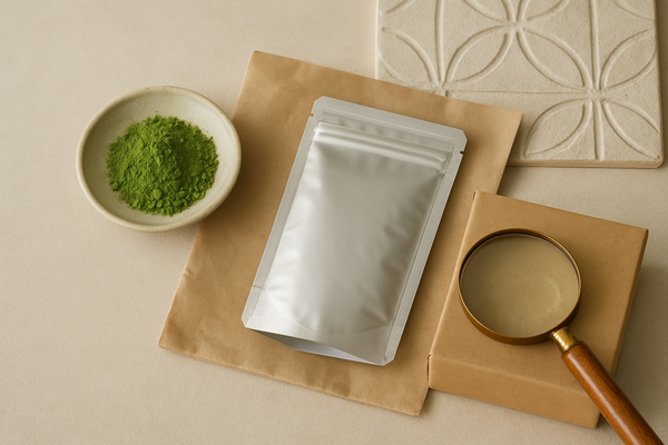 宇治抹茶の購入前確認を表す無地の茶袋と抹茶の静物