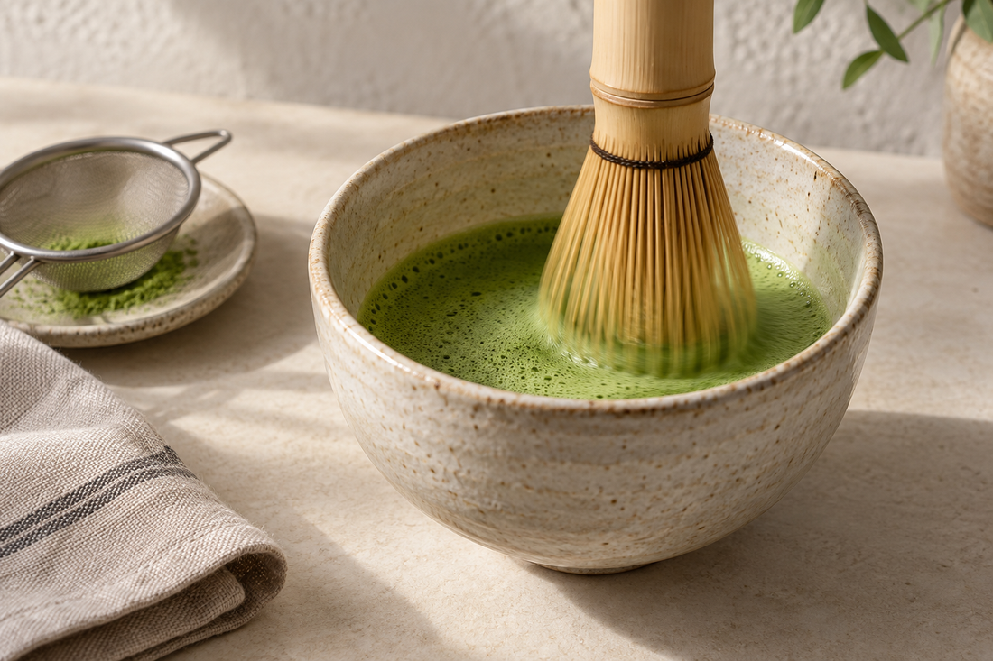 茶筅の前後運動で細かな泡が整う抹茶茶碗の静物