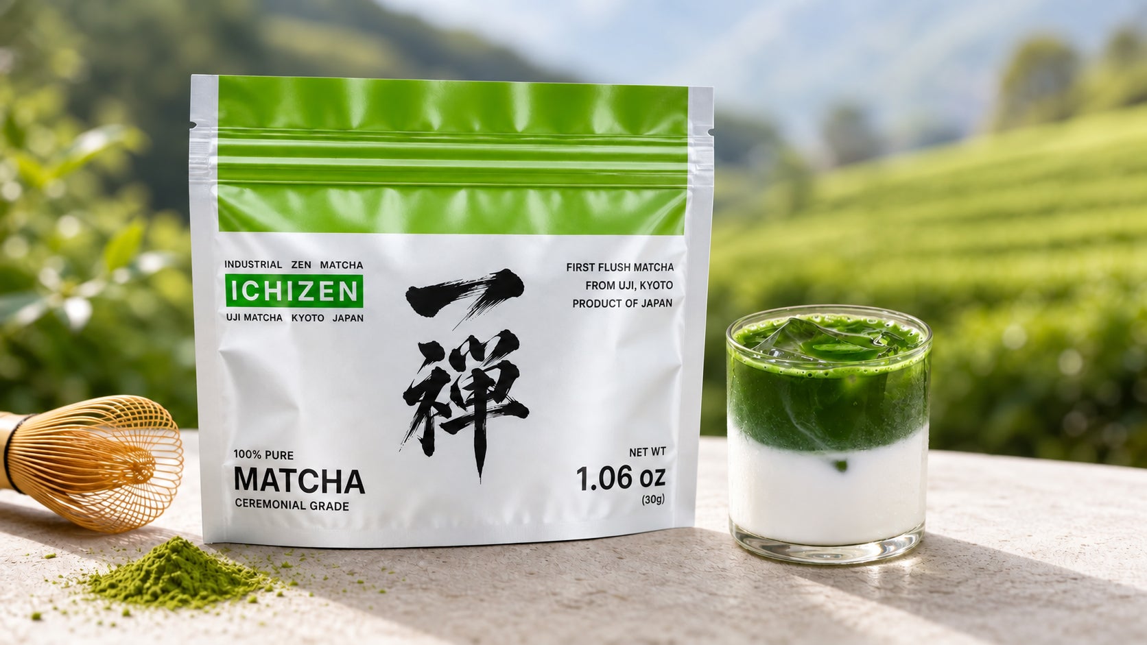 宇治の茶園を背景にした一禅の抹茶パッケージとアイス抹茶ラテ