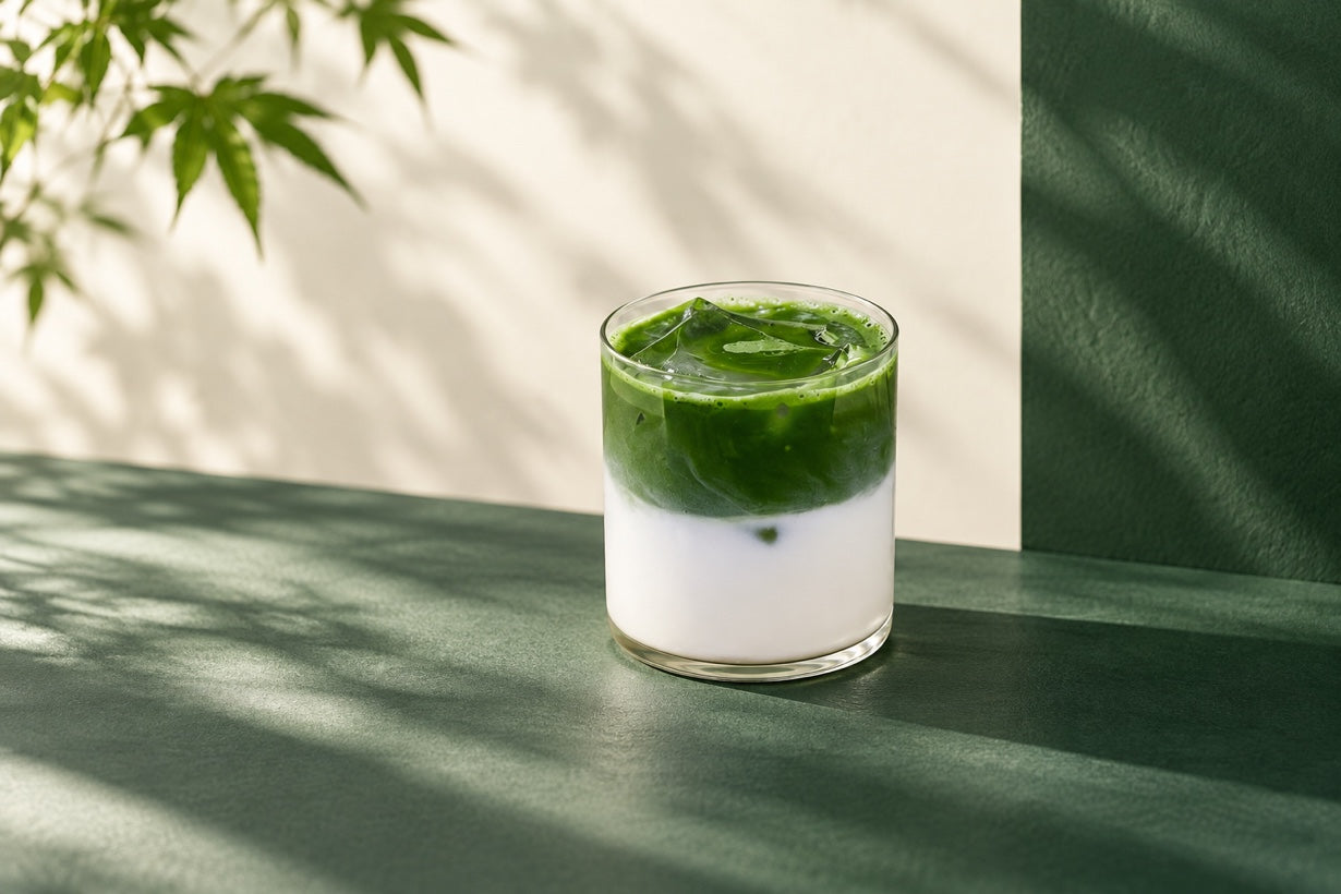 光の差し込む空間に置かれたICHIZENのアイス抹茶ラテ